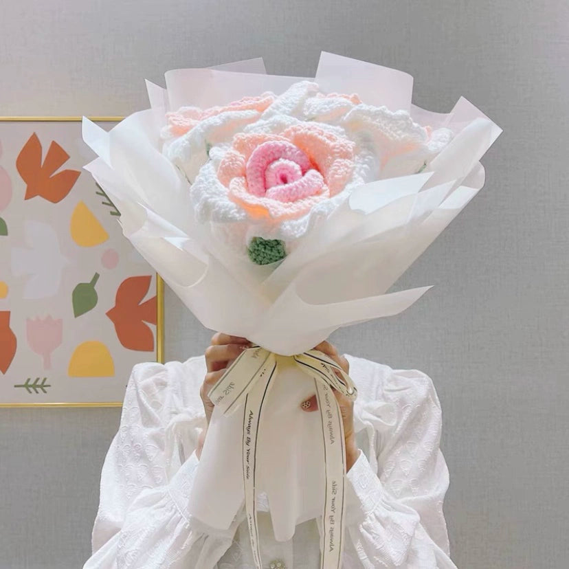 MATERIAL KIT: DIY Crochet Flower Bouquet Kit - Sunflower & Rose Mixed Arrangement, Perfect for Girlfriend
