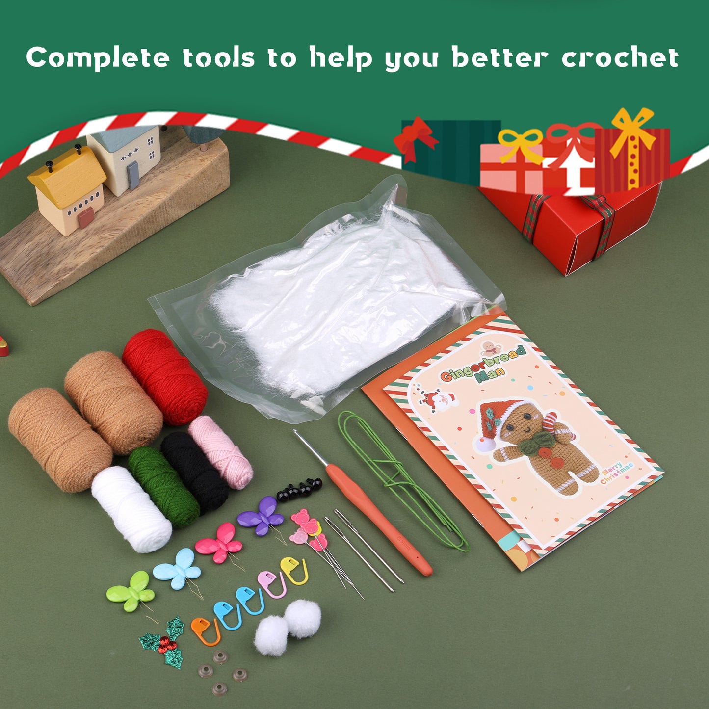 Crochet Kit for Beginners, Amigurumi Gingerbread man Christmas Crochet Starter Kit, Crochet Beginner Kit Christmas Crochet Sets with Step-by-Step Instruction Yarn Crochet Hooks for Adults DIY Crafts