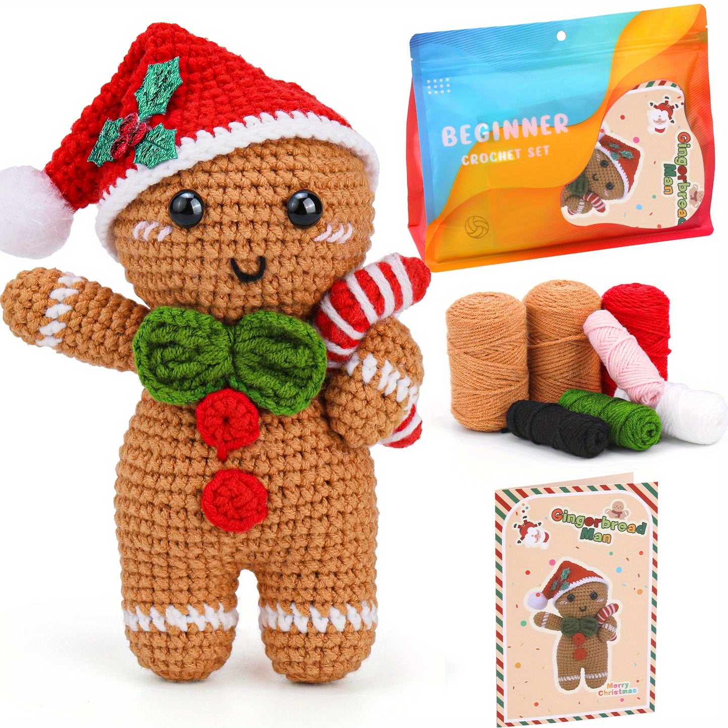 Crochet Kit for Beginners, Amigurumi Gingerbread man Christmas Crochet Starter Kit, Crochet Beginner Kit Christmas Crochet Sets with Step-by-Step Instruction Yarn Crochet Hooks for Adults DIY Crafts