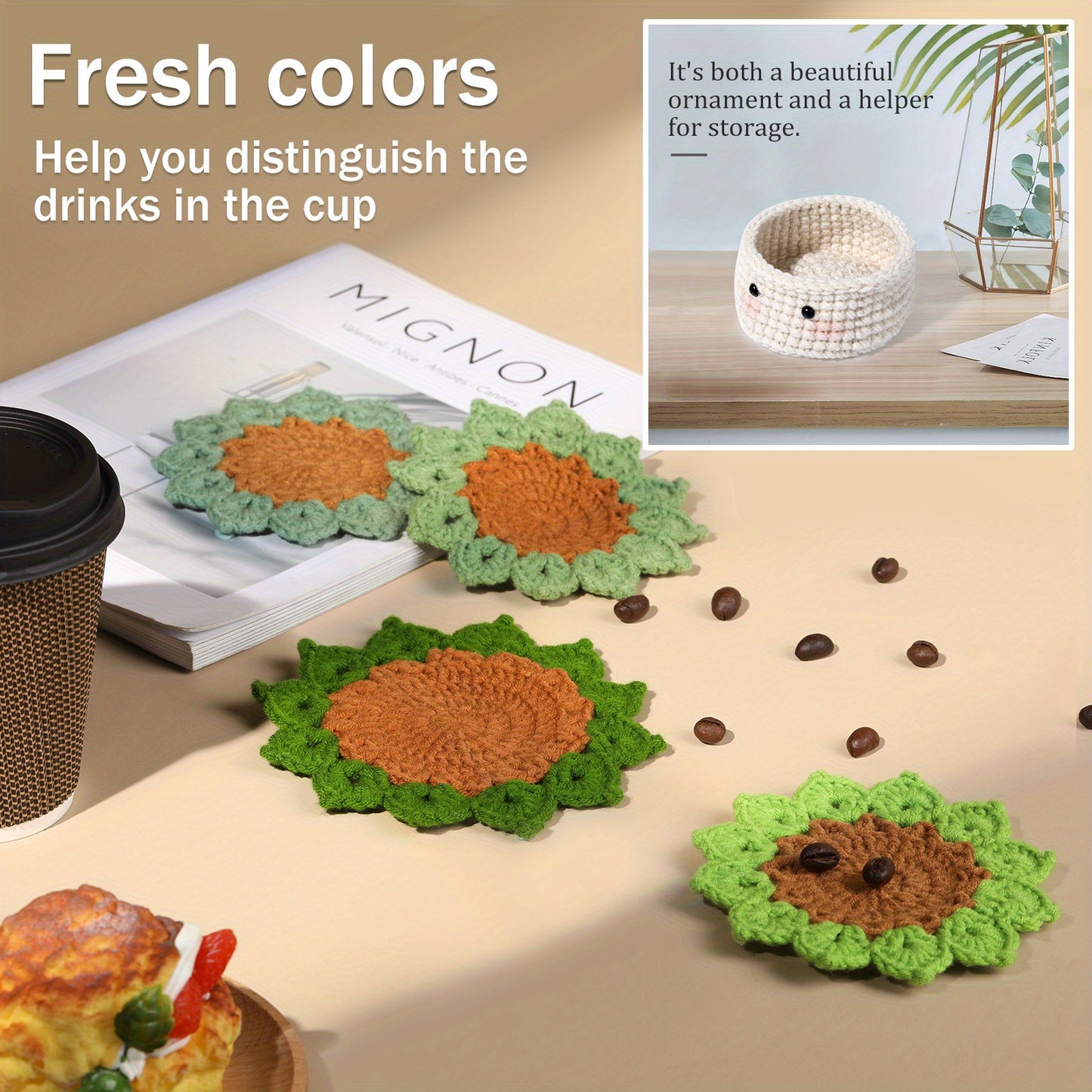 Crochet Kit for Beginners, Plant Cup Coaster Crochet Starter Kit, Crochet Beginner Kit Crochet Sets with Step-by-Step Instruction Yarn Crochet Hooks for Adults DIY Crafts