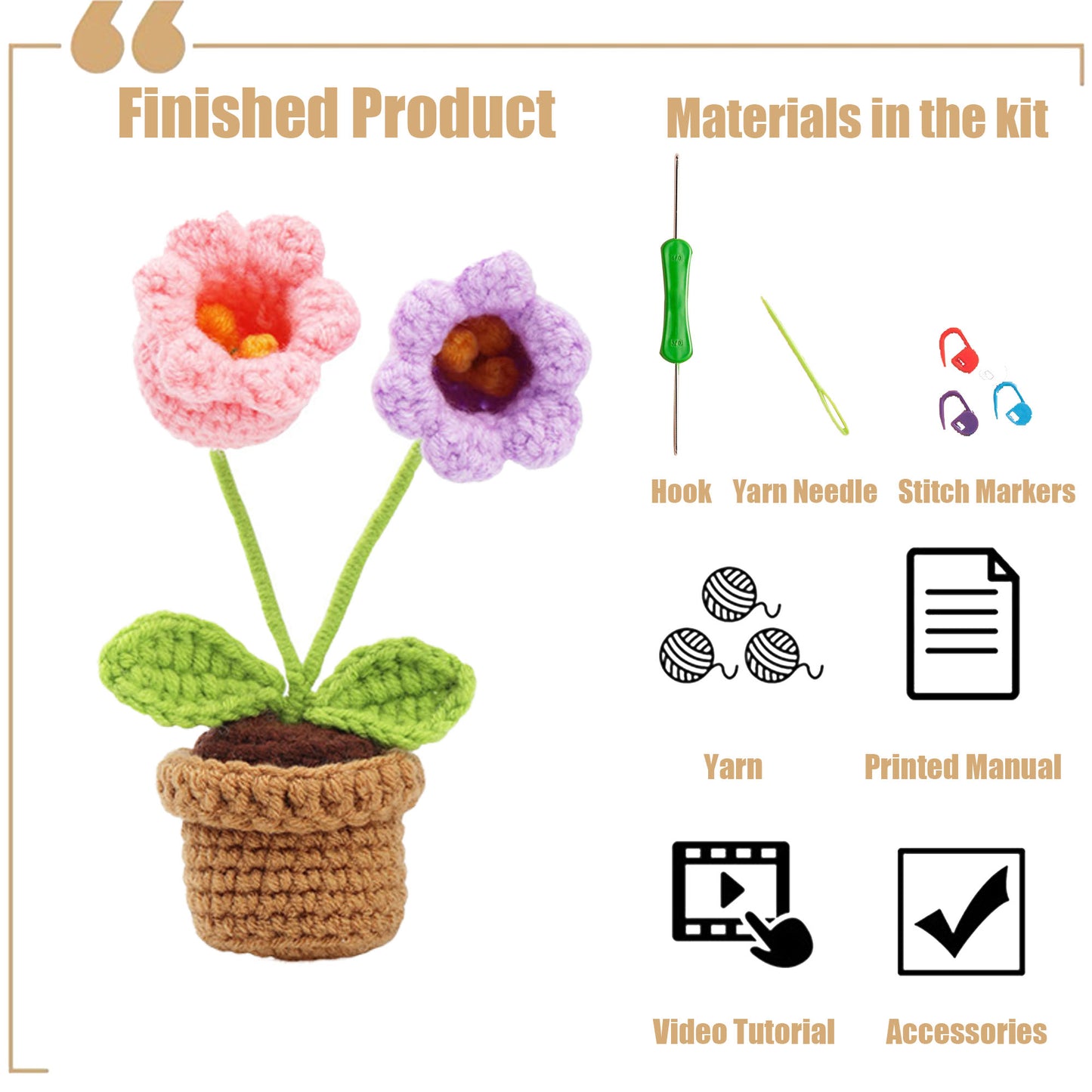 New DIY Handmade Crochet Material Kit - Mini Potted Flowers Yarn, Crochet Hooks, Small Flower Pots, Decorative Items, Artificial Sunflowers