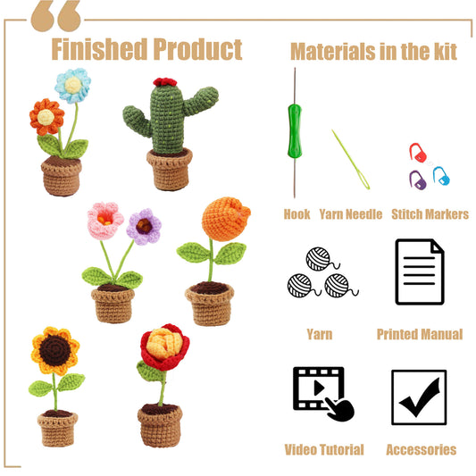 AA New DIY Handmade Crochet Material Kit - Mini Potted Flowers Yarn, Crochet Hooks, Small Flower Pots, Decorative Items, Artificial Sunflowers
