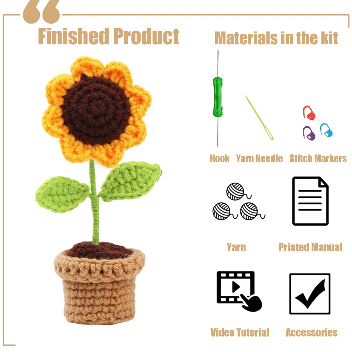 New DIY Handmade Crochet Material Kit - Mini Potted Flowers Yarn, Crochet Hooks, Small Flower Pots, Decorative Items, Artificial Sunflowers