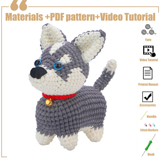 Crochet Material Kit: Husky Dog Crochet Toy Amigurumi Instruction Manual, Scan Code Video Tutorial, Yarn, Crochet Hook Included