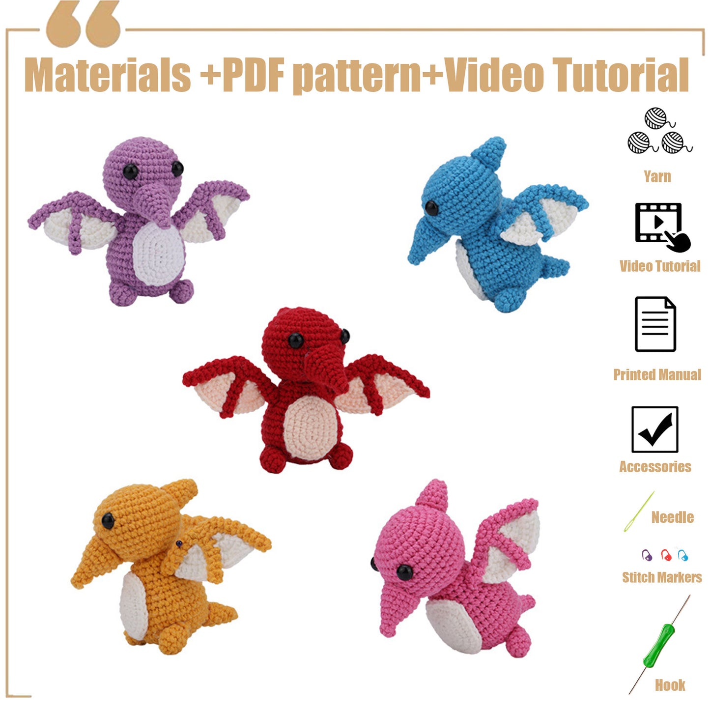 Crochet Materials Kit Tutorial Kit Pterosaur Yarn Doll Parent-Child DIY Handicraft English Instruction Manual