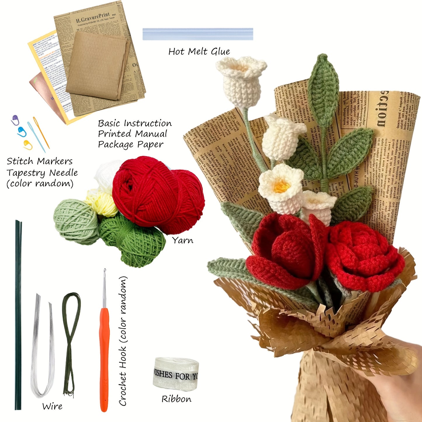 DIY Crochet Flower Bouquet Kit: Manual and Video Instructions Included. Handmade Crochet Roses, Lily of The Valley, Tulips - Perfect for Beginners. Mixed Color All-Season Craft Kit.