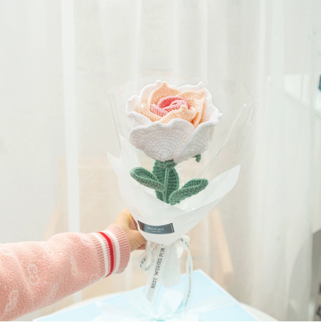 MATERIAL KIT: DIY Crochet Flower Bouquet Kit - Sunflower & Rose Mixed Arrangement, Perfect for Girlfriend