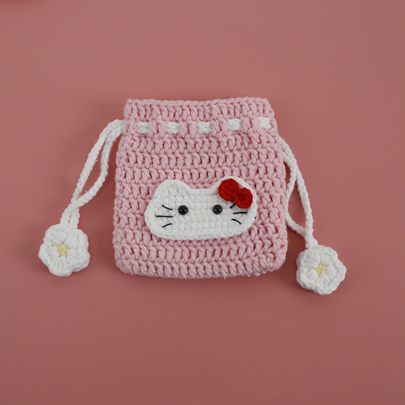 Cartoon Hand-Crochet Drawstring Bag - Weaving Girl, 5 PLY Yarn Crochet Coin Purse, Cute Panda Mini Bag