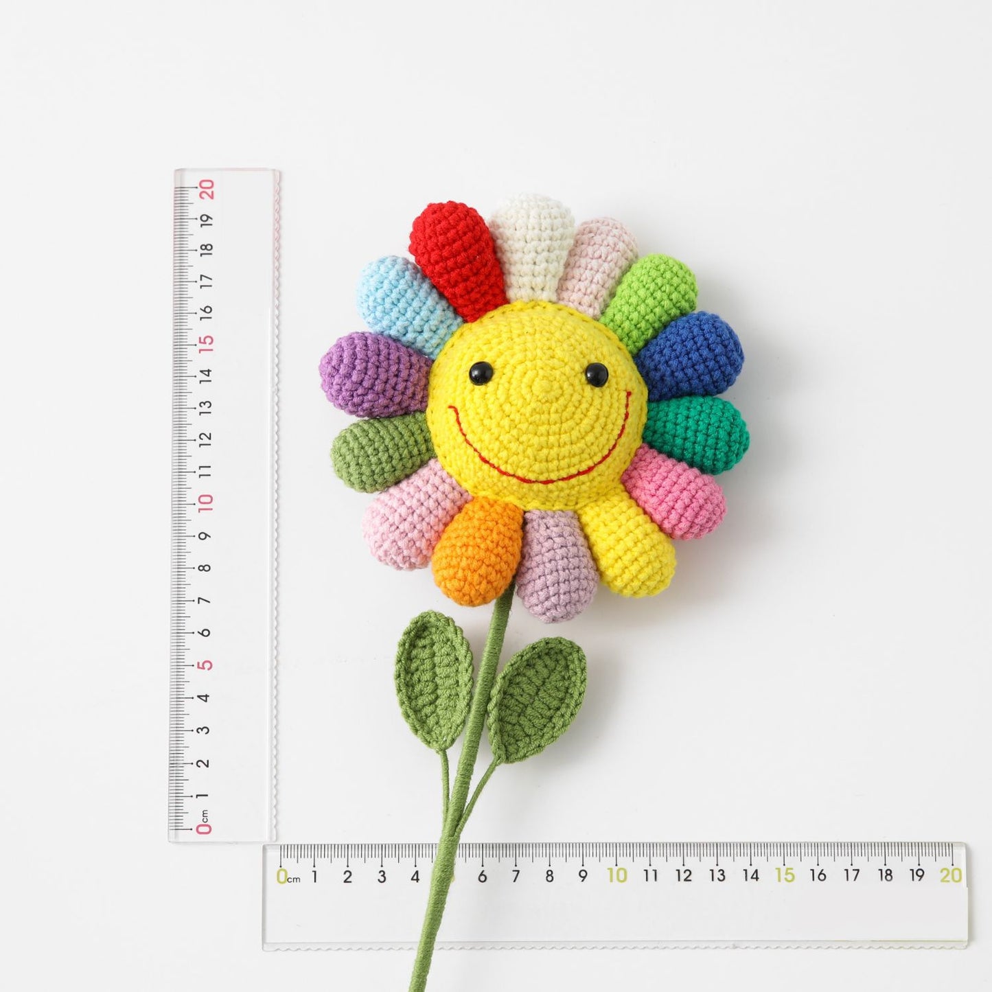 Crocheted Rainbow Sunflower with Lifelike Lollipop Colors, Adorable Finished Product, Perfect for Nordic Cartoon-Style Decor and Playful Flower Toys