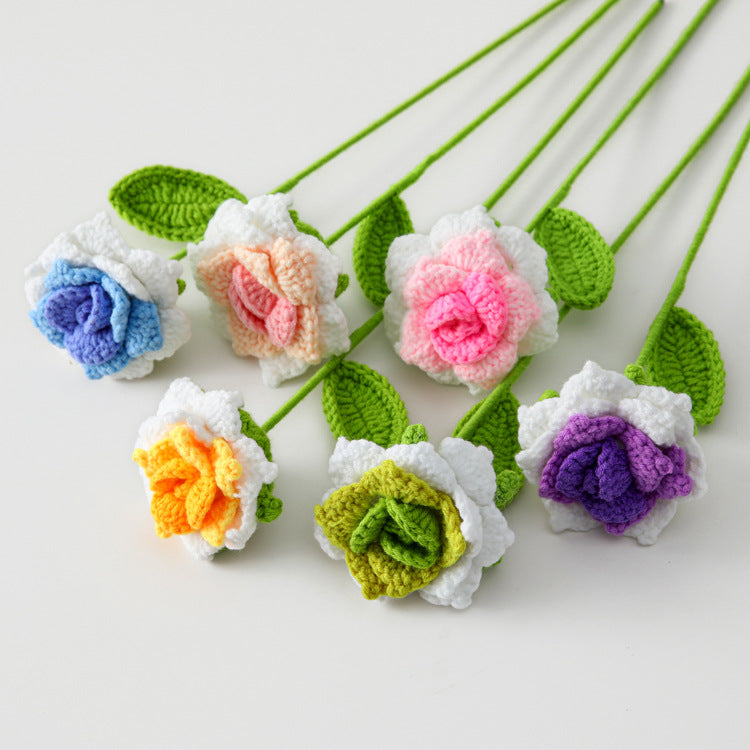 Creative Handcrafted Finished Crocheted Wool Eternal Flower - Gradient Color Pointed Rose Artificial Flower Bouquet for Flower Shop Wholesale