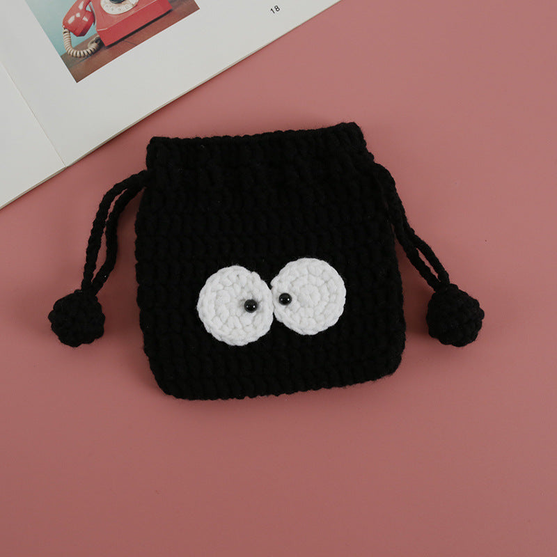 Cartoon Hand-Crochet Drawstring Bag - Weaving Girl, 5 PLY Yarn Crochet Coin Purse, Cute Panda Mini Bag