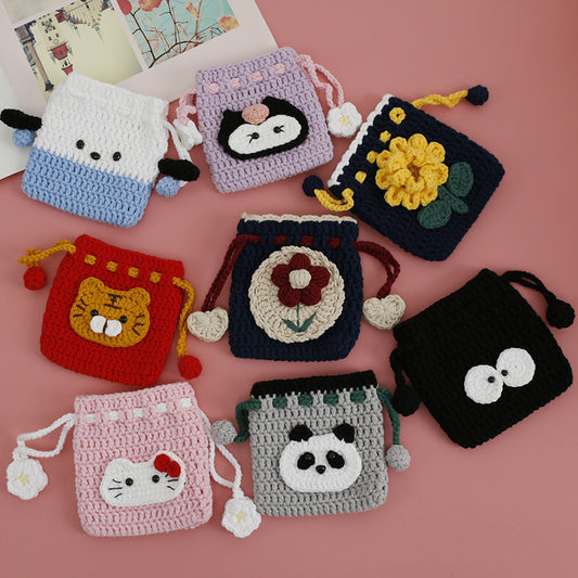 Cartoon Hand-Crochet Drawstring Bag - Weaving Girl, 5 PLY Yarn Crochet Coin Purse, Cute Panda Mini Bag