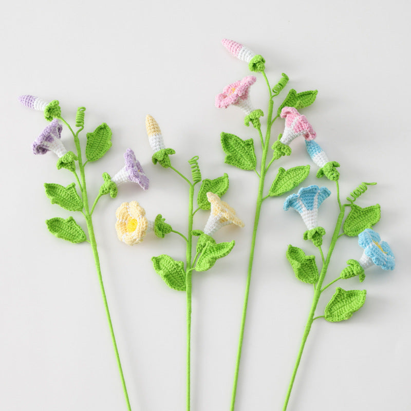 Home Decor and Ornament: Macaron-Colored Crocheted Morning Glory Flower Branches, Lifelike Floral Art in a Mini Bouquet Arrangement