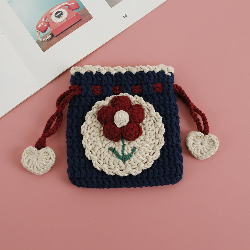 Cartoon Hand-Crochet Drawstring Bag - Weaving Girl, 5 PLY Yarn Crochet Coin Purse, Cute Panda Mini Bag