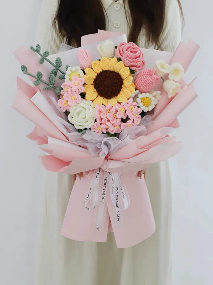 MATERIAL KIT: DIY Crochet Flower Bouquet Kit - Sunflower & Rose Mixed Arrangement, Perfect for Girlfriend