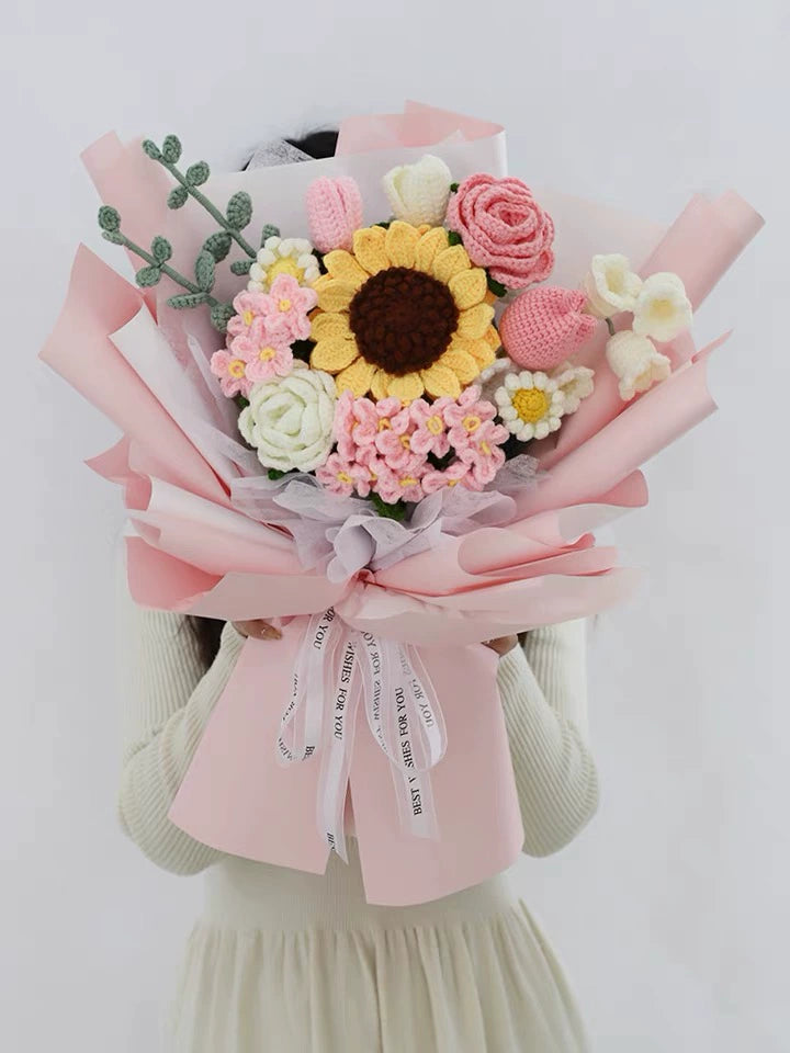 MATERIAL KIT: DIY Crochet Flower Bouquet Kit - Sunflower & Rose Mixed Arrangement, Perfect for Girlfriend