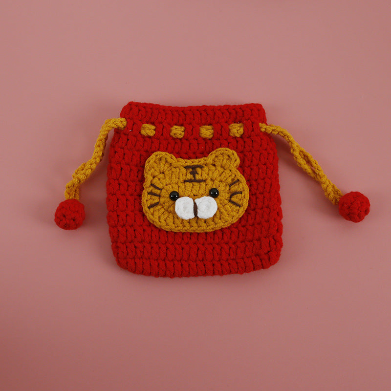 Cartoon Hand-Crochet Drawstring Bag - Weaving Girl, 5 PLY Yarn Crochet Coin Purse, Cute Panda Mini Bag