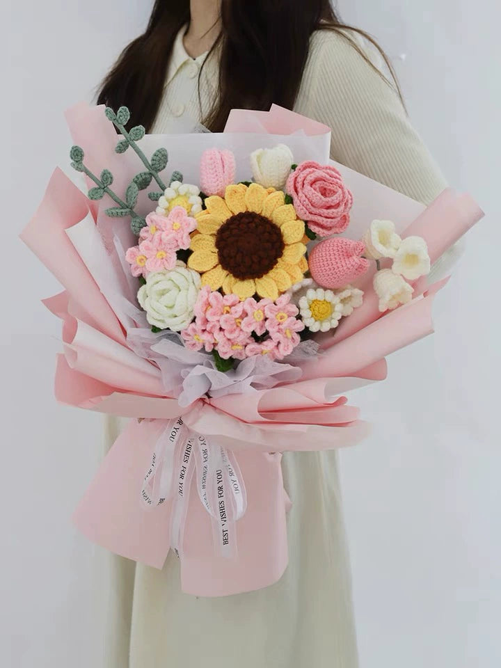 MATERIAL KIT: DIY Crochet Flower Bouquet Kit - Sunflower & Rose Mixed Arrangement, Perfect for Girlfriend