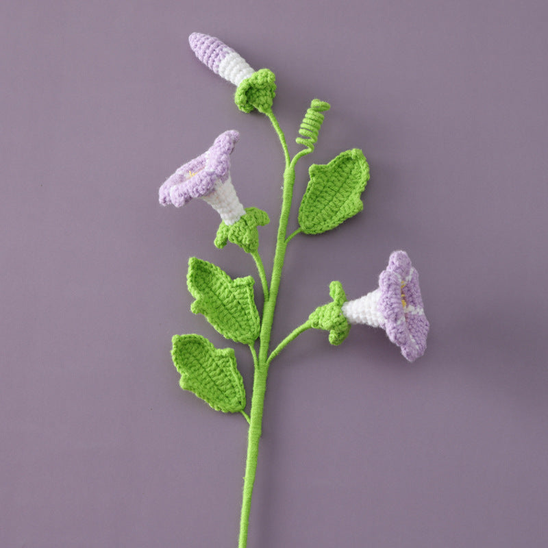 Home Decor and Ornament: Macaron-Colored Crocheted Morning Glory Flower Branches, Lifelike Floral Art in a Mini Bouquet Arrangement