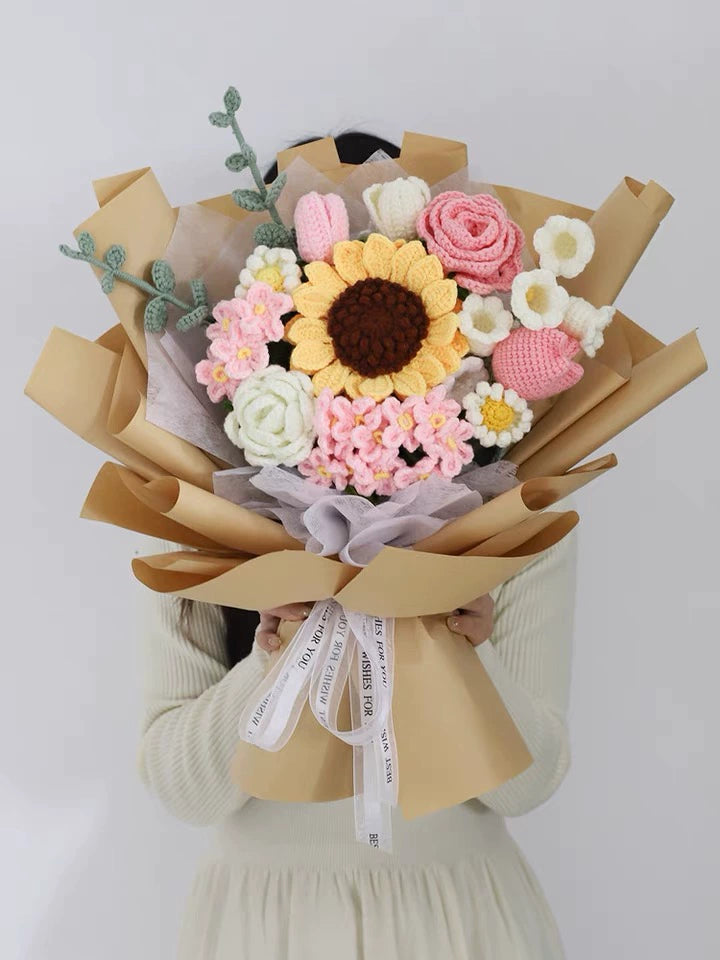 MATERIAL KIT: DIY Crochet Flower Bouquet Kit - Sunflower & Rose Mixed Arrangement, Perfect for Girlfriend