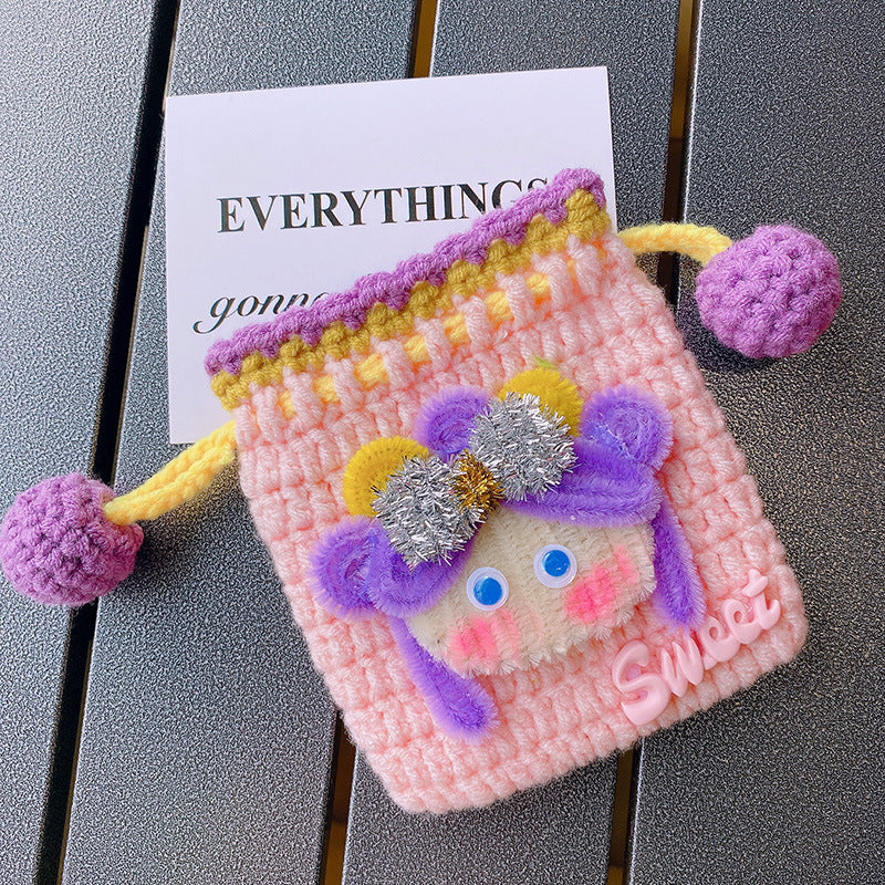 Handcrafted Yarn Pouch, Earphone Pouch, Cartoon Coin Wallet with Drawstring, Perfect for Carrying Lipstick and Small Items