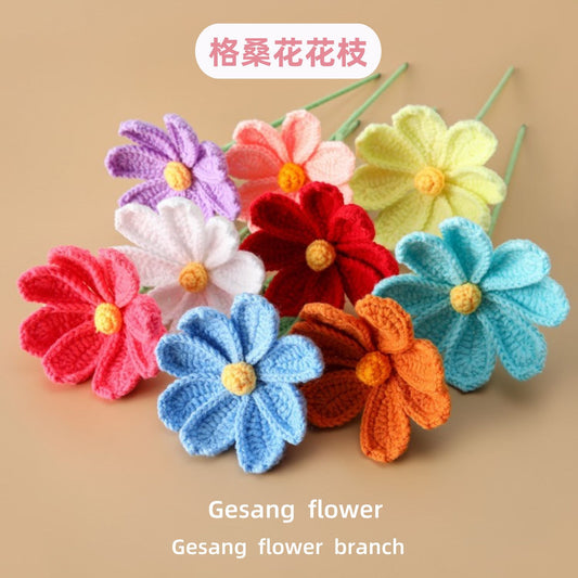 Handcrafted 5-Ply Milk Cotton Yarn Gerbera Daisy Flower Branch - Eight Petal Blossoms in Various Colors, Perfect for Home Decor in the Living Room