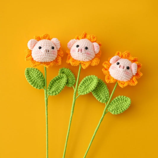 Handcrafted Crocheted Sunflowers and Little Pig Flower Branches, Perfect for Elementary School Graduation Season, Class Reunions, and Thank-You Gifts to Classmates