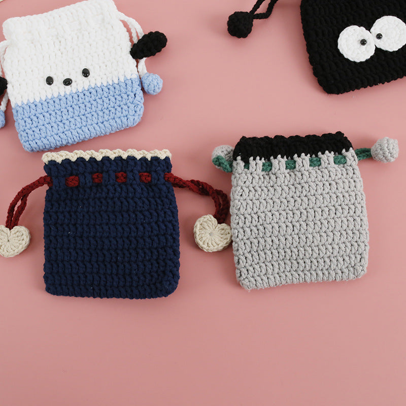 Cartoon Hand-Crochet Drawstring Bag - Weaving Girl, 5 PLY Yarn Crochet Coin Purse, Cute Panda Mini Bag