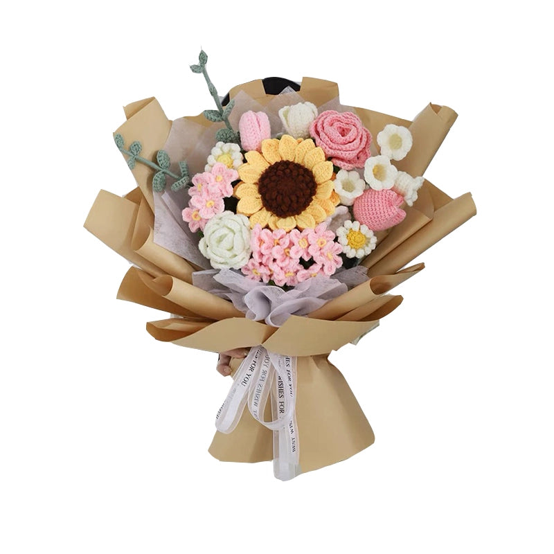 MATERIAL KIT: DIY Crochet Flower Bouquet Kit - Sunflower & Rose Mixed Arrangement, Perfect for Girlfriend