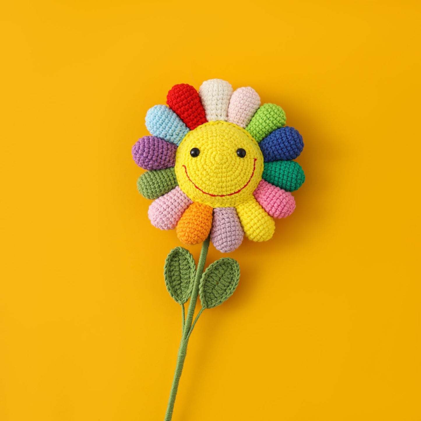 Crocheted Rainbow Sunflower with Lifelike Lollipop Colors, Adorable Finished Product, Perfect for Nordic Cartoon-Style Decor and Playful Flower Toys