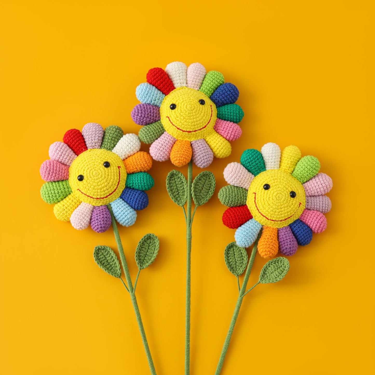 Crocheted Rainbow Sunflower with Lifelike Lollipop Colors, Adorable Finished Product, Perfect for Nordic Cartoon-Style Decor and Playful Flower Toys