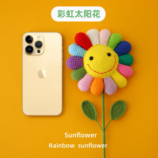 Crocheted Rainbow Sunflower with Lifelike Lollipop Colors, Adorable Finished Product, Perfect for Nordic Cartoon-Style Decor and Playful Flower Toys