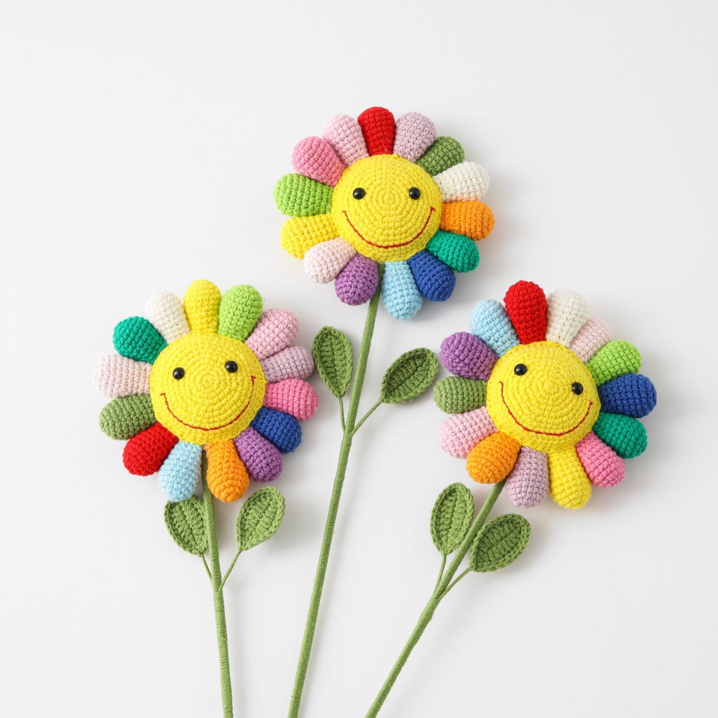 Crocheted Rainbow Sunflower with Lifelike Lollipop Colors, Adorable Finished Product, Perfect for Nordic Cartoon-Style Decor and Playful Flower Toys