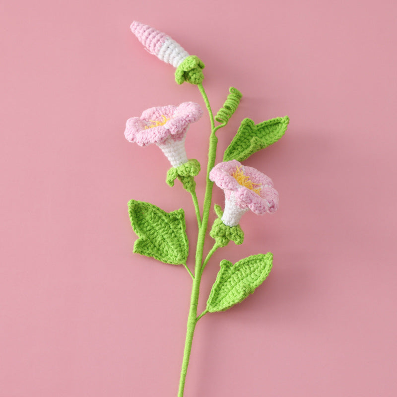 Home Decor and Ornament: Macaron-Colored Crocheted Morning Glory Flower Branches, Lifelike Floral Art in a Mini Bouquet Arrangement