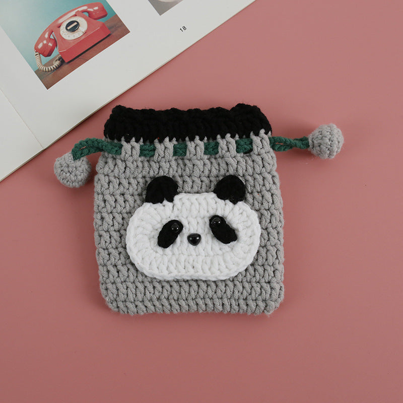 Cartoon Hand-Crochet Drawstring Bag - Weaving Girl, 5 PLY Yarn Crochet Coin Purse, Cute Panda Mini Bag