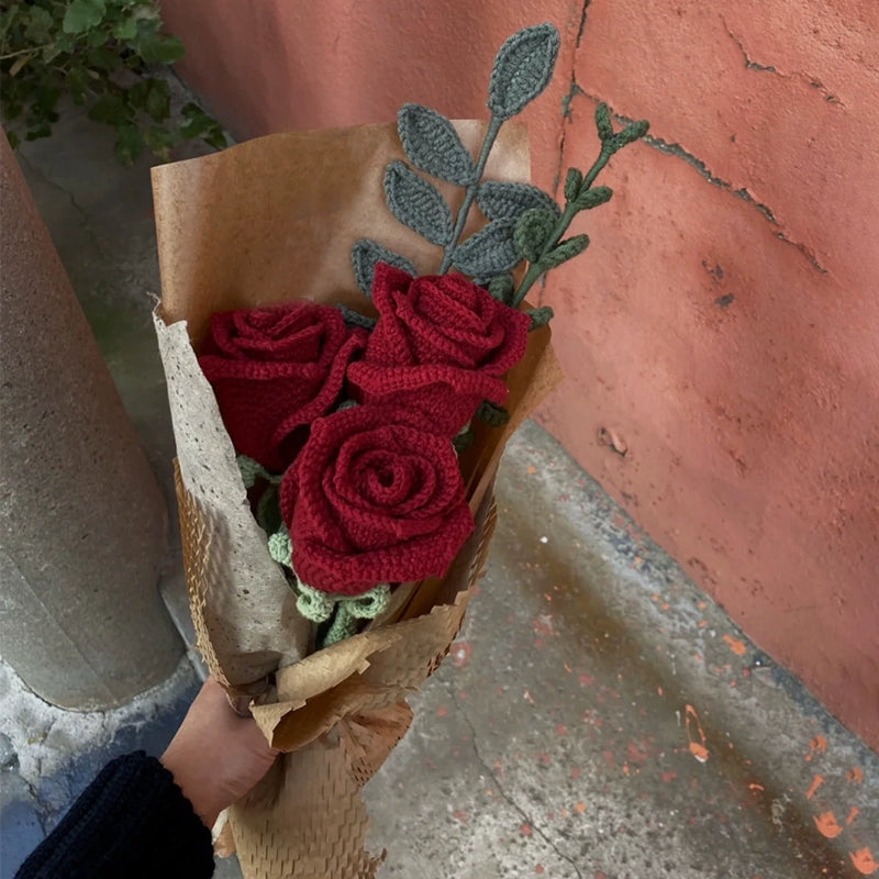 MATERIAL KIT: Valentine’s Day Handmade Crochet Rose in Wine Glass DIY Kit - Vintage Yarn Flower Bouquet for Girlfriend