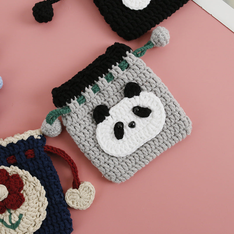 Cartoon Hand-Crochet Drawstring Bag - Weaving Girl, 5 PLY Yarn Crochet Coin Purse, Cute Panda Mini Bag