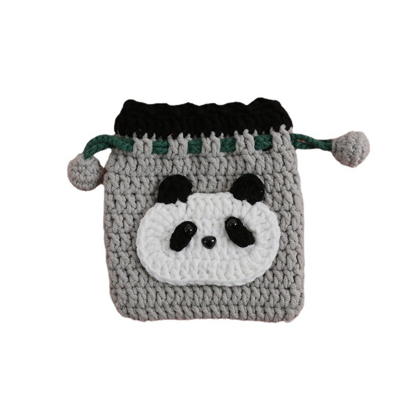 Cartoon Hand-Crochet Drawstring Bag - Weaving Girl, 5 PLY Yarn Crochet Coin Purse, Cute Panda Mini Bag