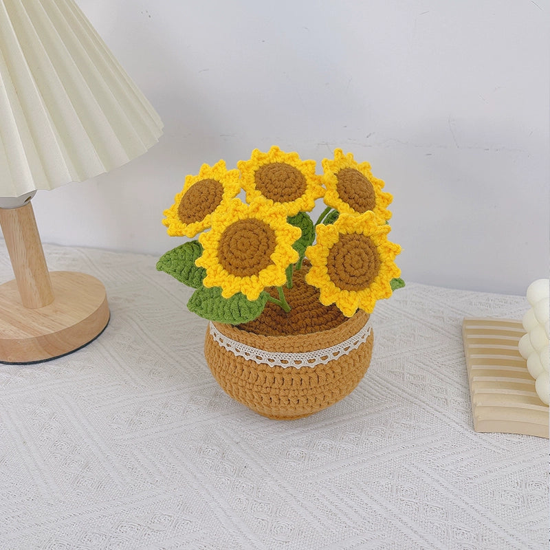 Crochet Sunflower Yarn Bouquet - Small Potted Handmade Forever Flower for Gifts & Decoration