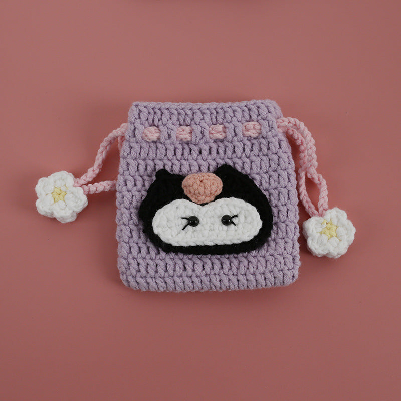 Cartoon Hand-Crochet Drawstring Bag - Weaving Girl, 5 PLY Yarn Crochet Coin Purse, Cute Panda Mini Bag