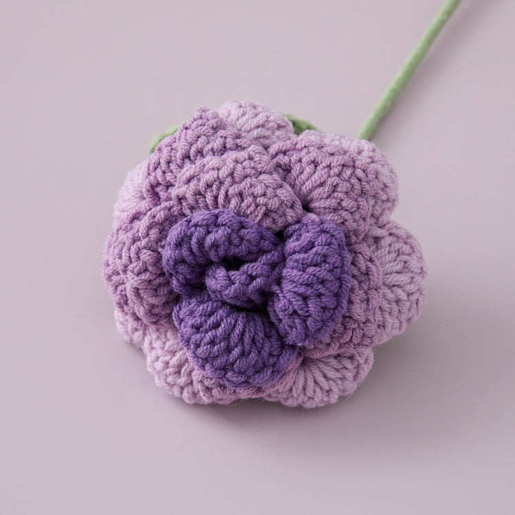 Large Petal Icy Blue Gradient Yarn Crocheted Pointed Rose Flower Branch Proposal Bouquet in Lip-Shaped Design