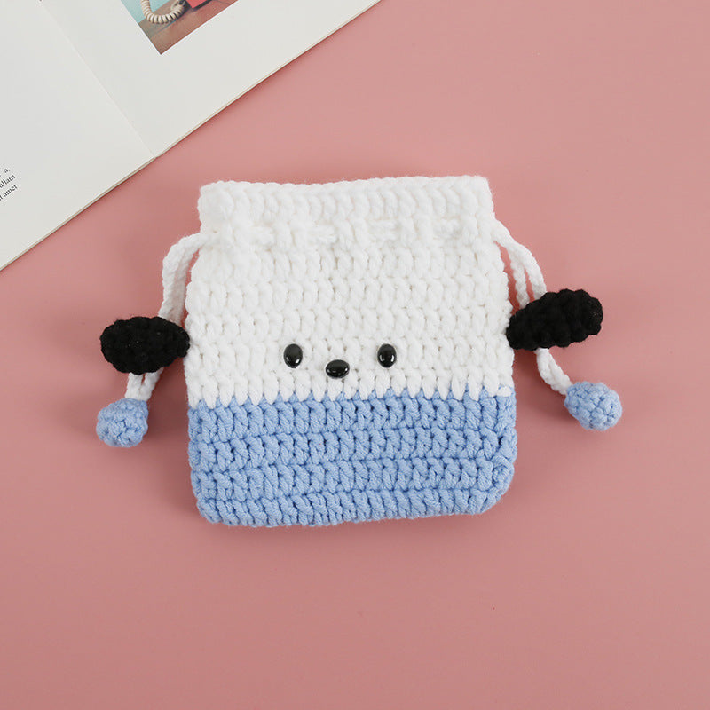 Cartoon Hand-Crochet Drawstring Bag - Weaving Girl, 5 PLY Yarn Crochet Coin Purse, Cute Panda Mini Bag