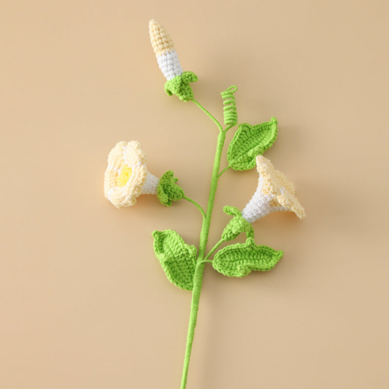 Home Decor and Ornament: Macaron-Colored Crocheted Morning Glory Flower Branches, Lifelike Floral Art in a Mini Bouquet Arrangement