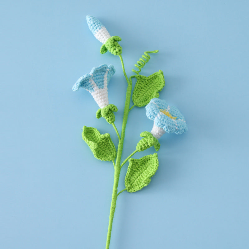 Home Decor and Ornament: Macaron-Colored Crocheted Morning Glory Flower Branches, Lifelike Floral Art in a Mini Bouquet Arrangement