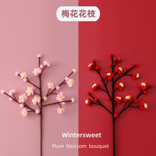 Home Decor: Realistic Yarn Plum Flower Branches,Suitable for Living Room, New Year, TV Cabinet, Coffee Table Decor, Resembling Wax Plum Arrangements