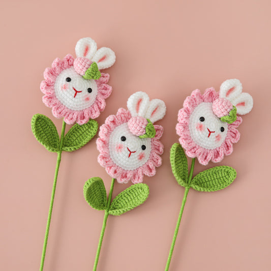 Animal Crocheted Sunflower, Bunny Floral Arrangement - Pink Bunny Cute Bouquet