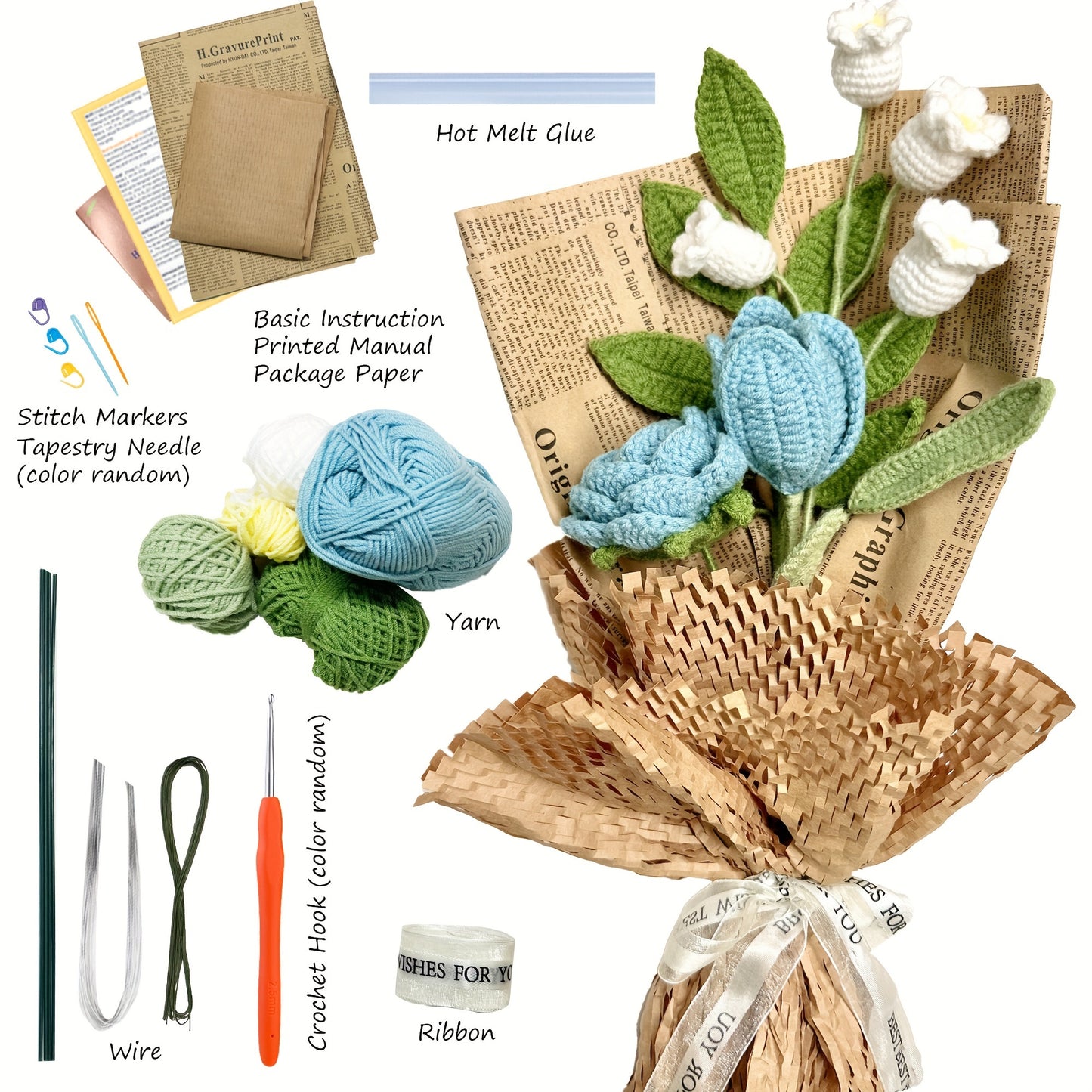 DIY Crochet Flower Bouquet Kit: Manual and Video Instructions Included. Handmade Crochet Roses, Lily of The Valley, Tulips - Perfect for Beginners. Mixed Color All-Season Craft Kit.