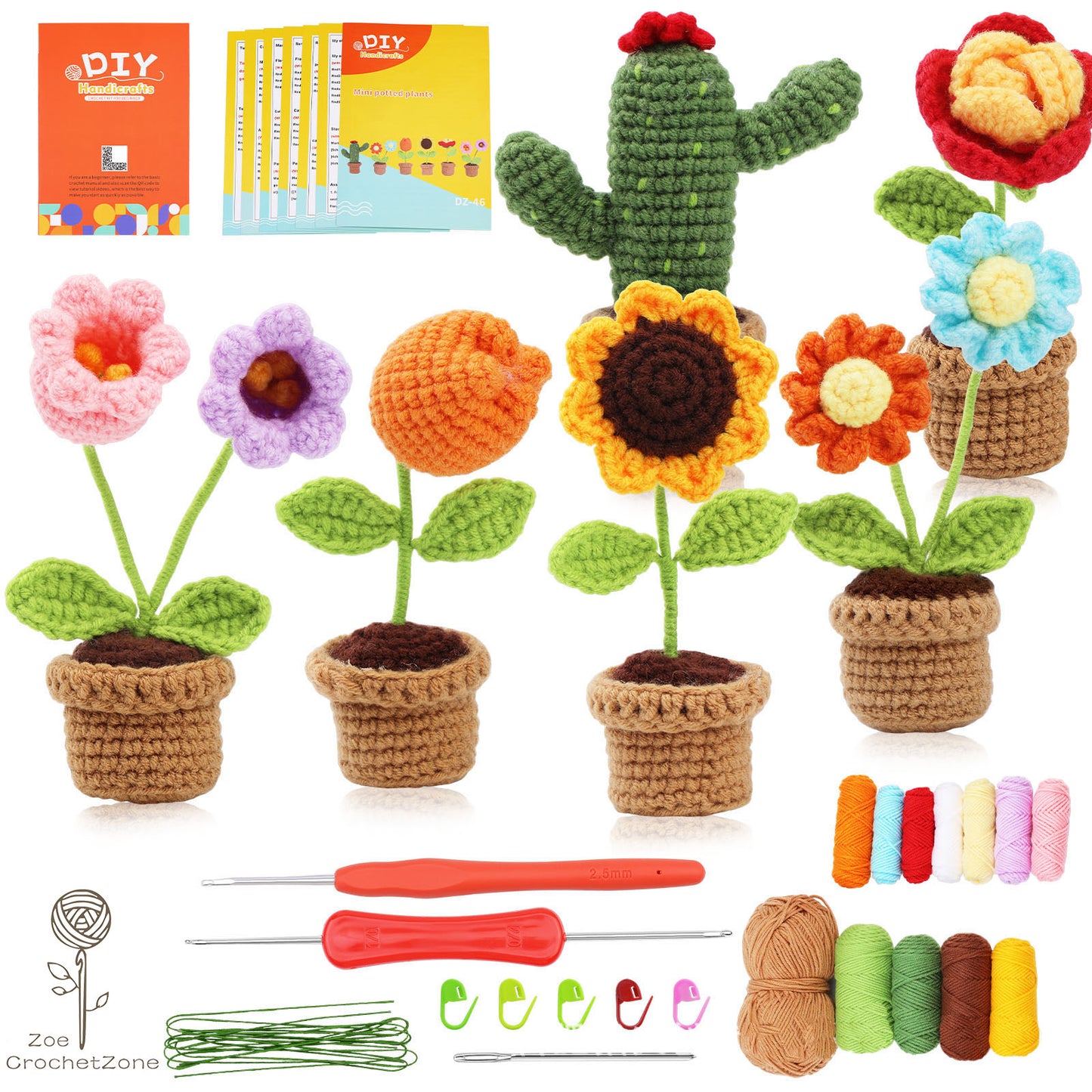 New DIY Handmade Crochet Material Kit - Mini Potted Flowers Yarn, Crochet Hooks, Small Flower Pots, Decorative Items, Artificial Sunflowers