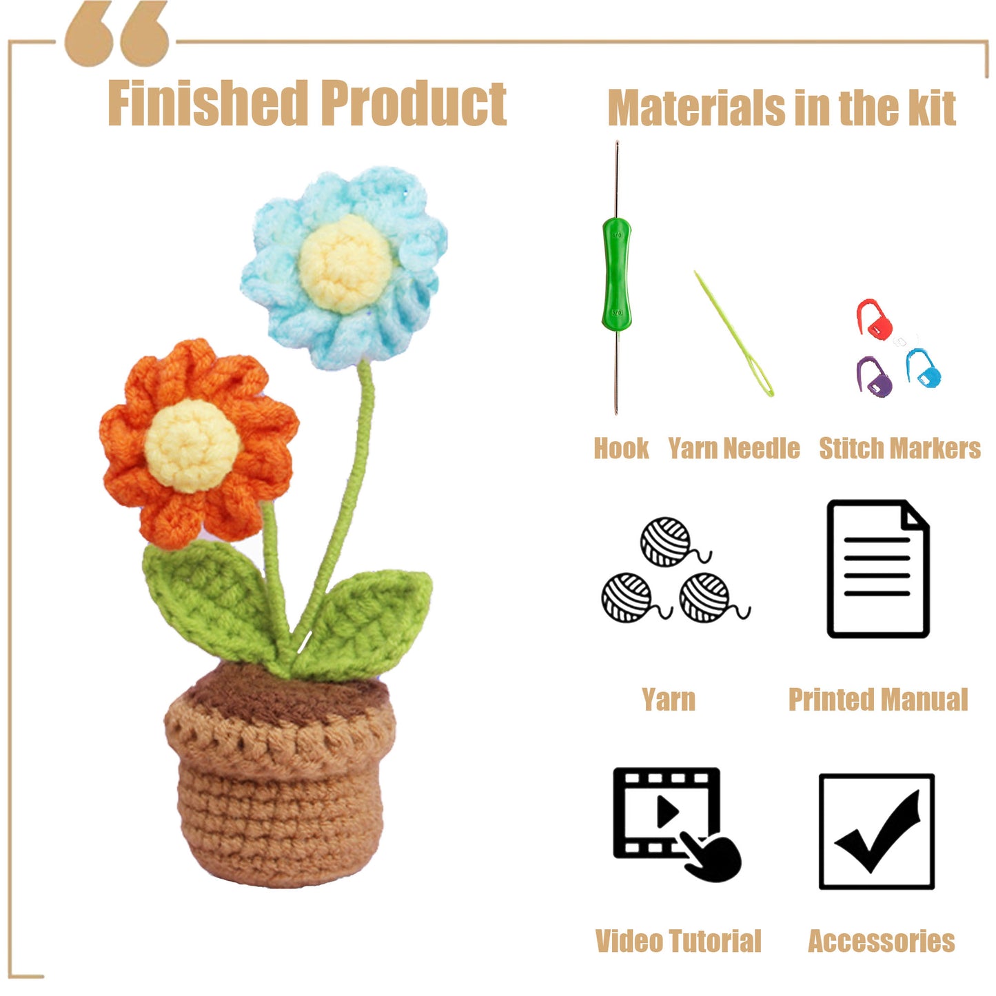 New DIY Handmade Crochet Material Kit - Mini Potted Flowers Yarn, Crochet Hooks, Small Flower Pots, Decorative Items, Artificial Sunflowers