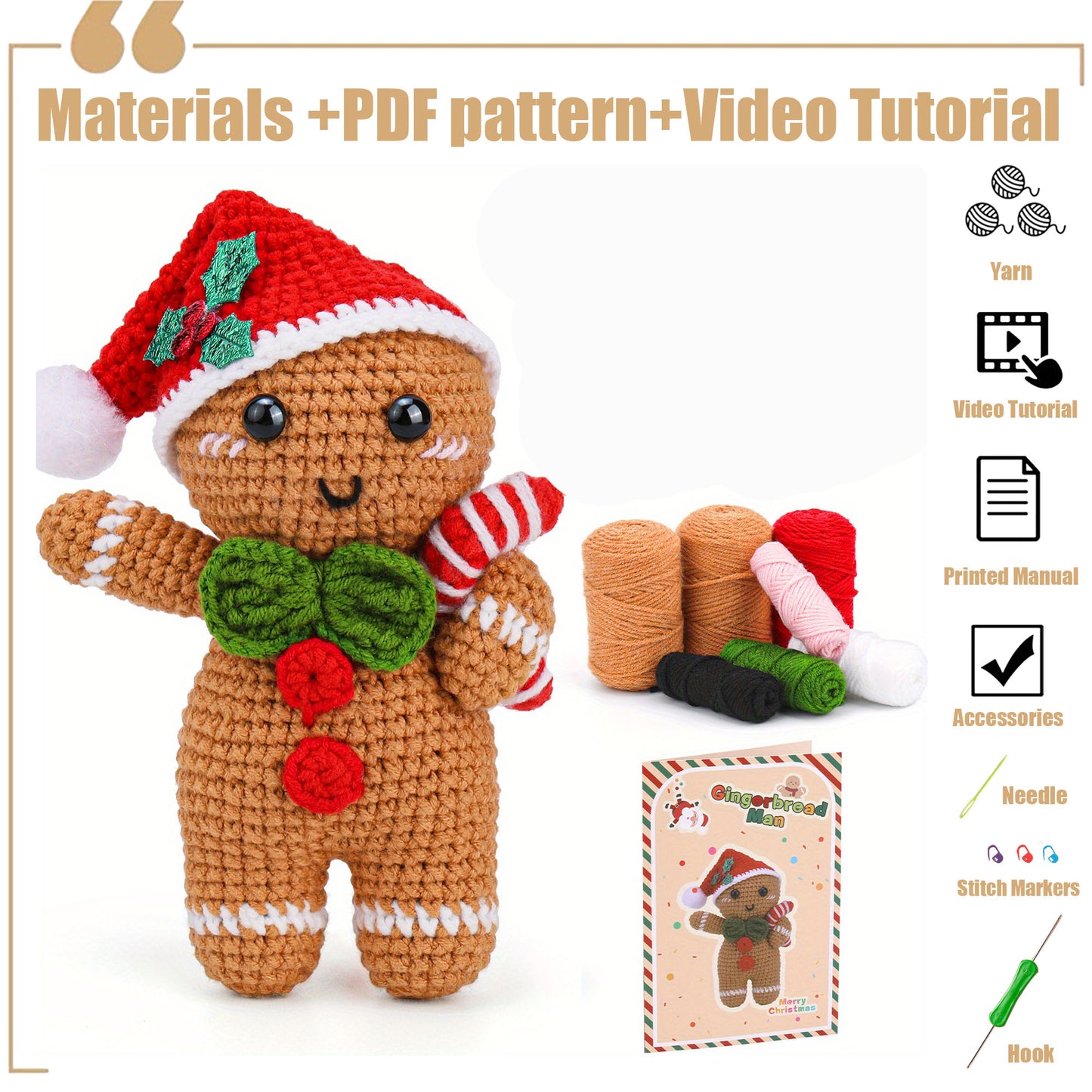 Crochet Kit for Beginners, Amigurumi Gingerbread man Christmas Crochet Starter Kit, Crochet Beginner Kit Christmas Crochet Sets with Step-by-Step Instruction Yarn Crochet Hooks for Adults DIY Crafts